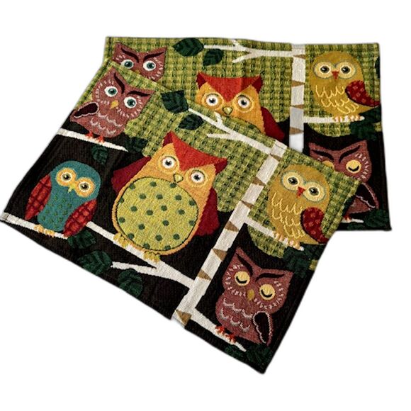Set of 2 Owl Tapestry Placemats Woodland Boho Folk Art Woven Table Decor VTG - Picture 1 of 6